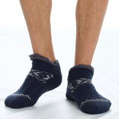 Mens Fluffy Low Cut Sherpa Fleece Slipper Socks with Non Slip Grippers Navy and Grey
