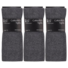 3 Pairs Girls Cotton Rich Solid Plain School Uniform Tights