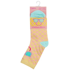 Girls Novelty Design Cartoon Crew Socks Yellow- 3 Pairs