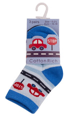Baby Boys 3 Pairs Novelty Cartoon Socks Blue Car