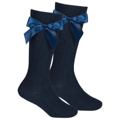 Girls Knee High Long Socks with Satin Bows 1 Pair Navy