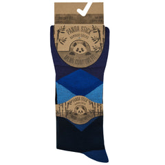 Mens Bamboo Diamond Patterned Loose Top Crew Mid Calf Socks - Blue 3 Pairs