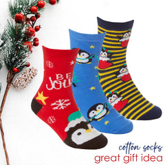 Kids Cotton Rich Novelty Christmas Design Socks 3 Pairs Penguin