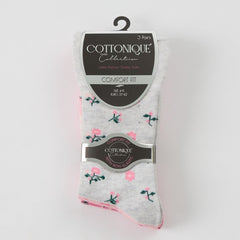 Womens 3-Pack Cotton Rich Floral Mid-Calf Socks - Grey